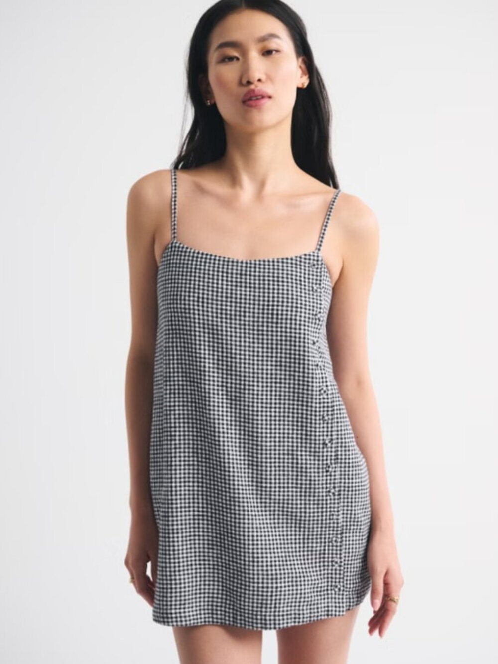 NWT Abercrombie & Fitch Linen-Blend Button Dress Black Gingham Mini Size L
